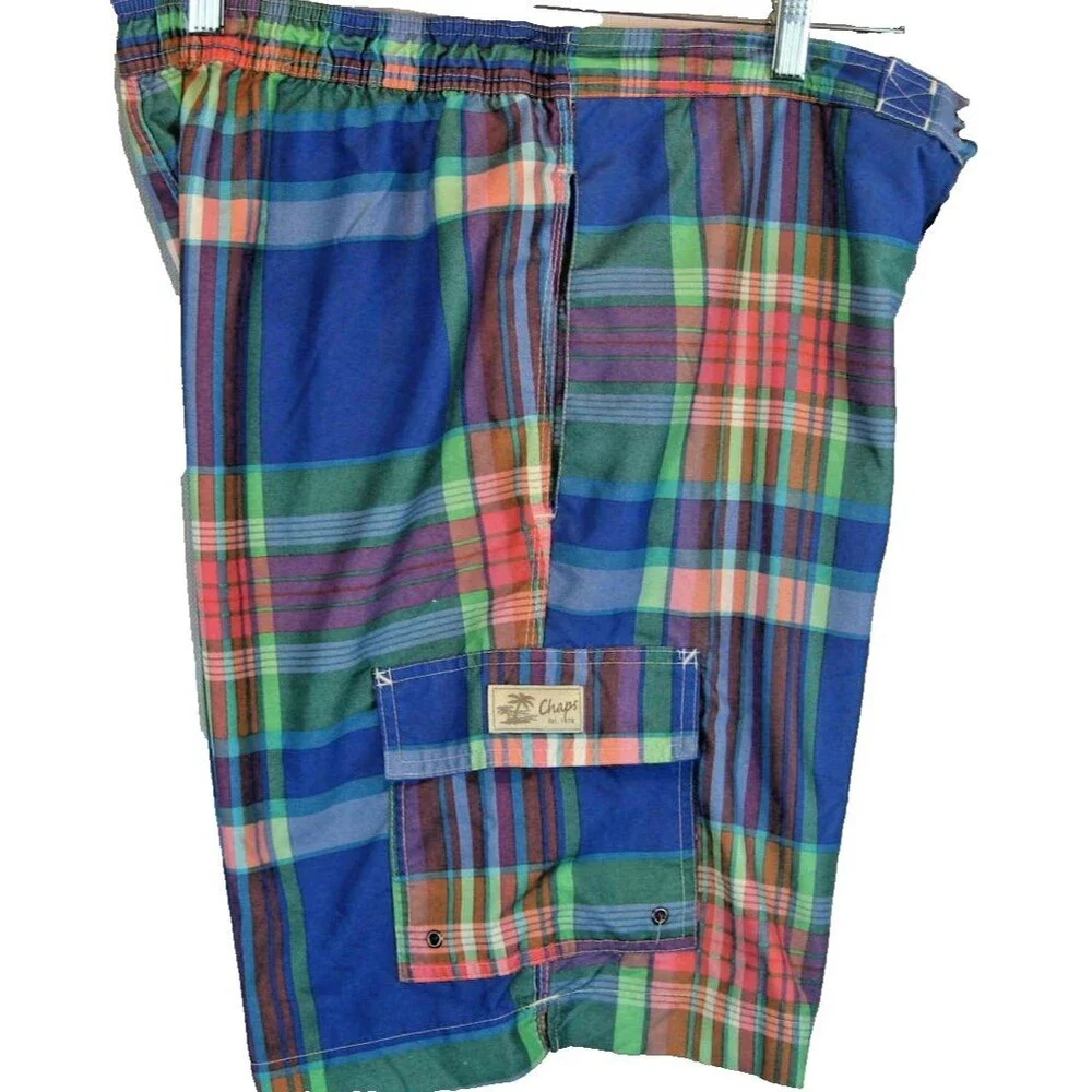 Mens Chaps Ralph Lauren Poly Blue Plaid Unlined Swim Board Shorts sz Lg x 9